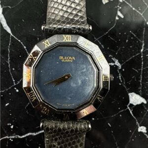 Bulova Black and Gold Octagonal Dress Watch. Rare blue Mother of Pearl dial